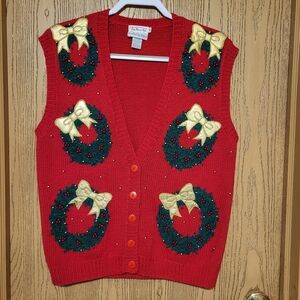 Talbots Red Knitted By Hand Sweater Vest Button Up Front  Size M